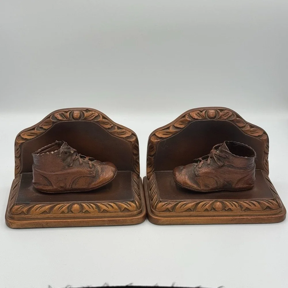 Vintage Copper Colored Bronzed Pair Baby Shoes Bookends Display set of 2